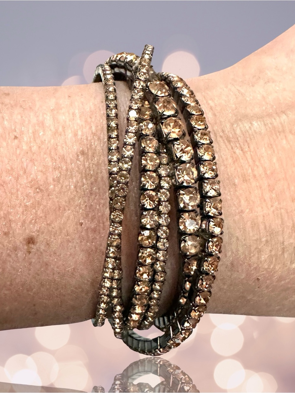Unique Vintage Multi-Strand Rhinestone Cuff Bracelet in Champagne